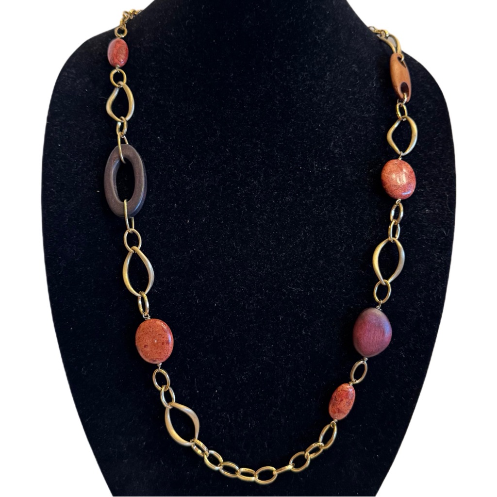 Vintage Etienne Aigner Gold Tone Chain W/Red Bead & Wood Beads Necklace Signed